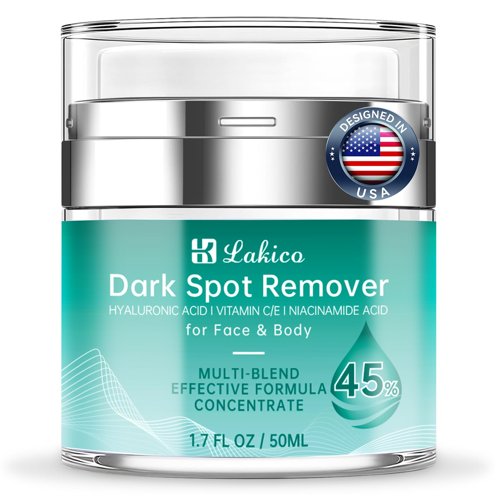 Lakico dark-spot-remover bottle close-up highlighting lightweight formula for even skin tone.