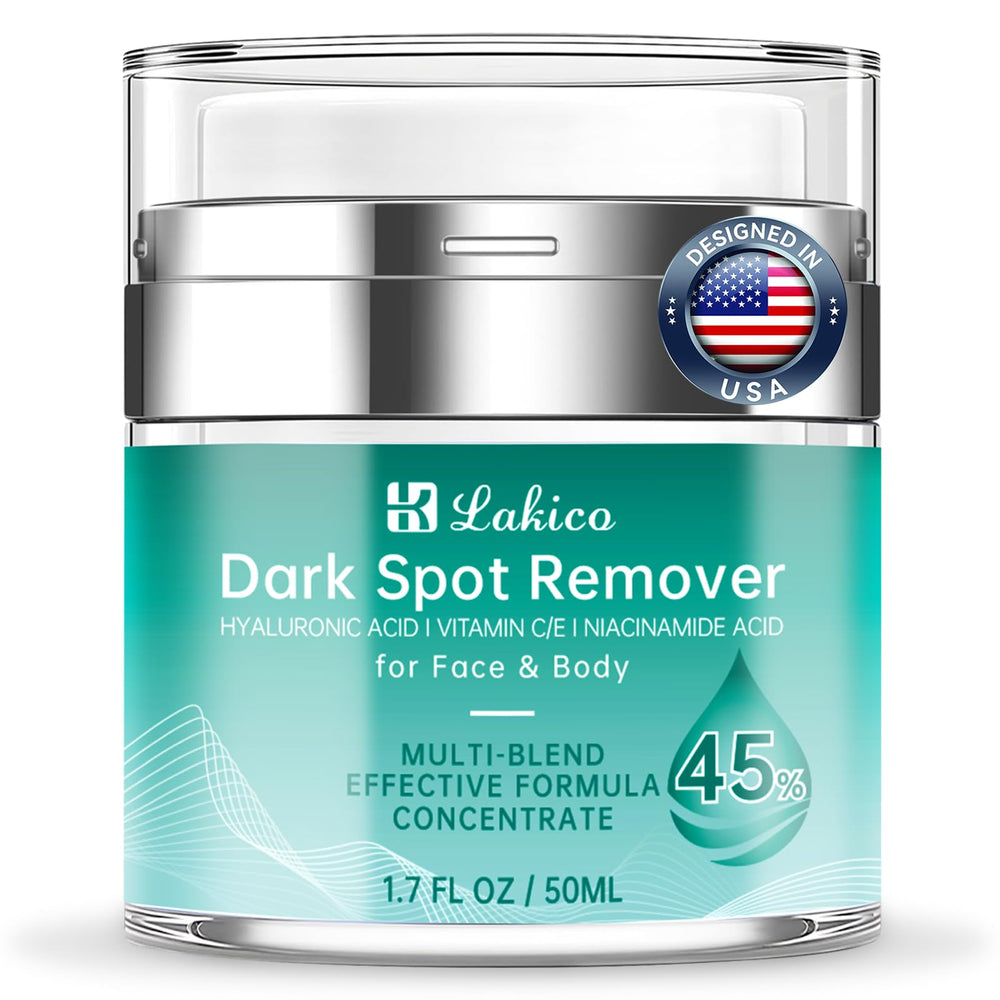 Lakico dark-spot-remover bottle close-up highlighting lightweight formula for even skin tone.