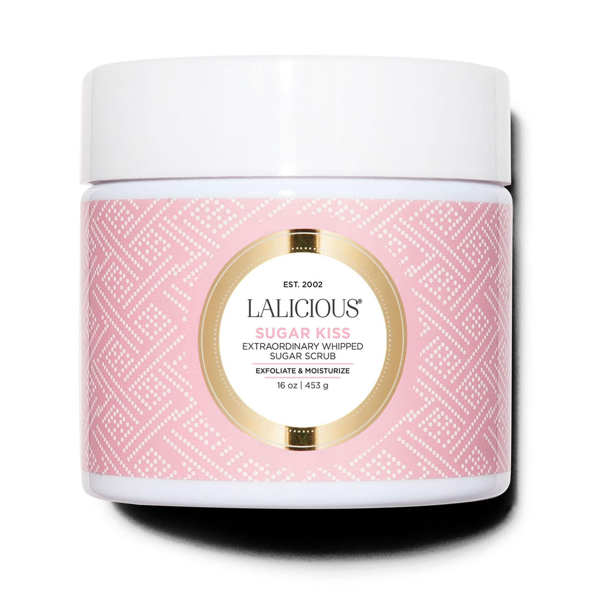 LaLicious Sugar Kiss Scrub packaging shows 16oz jar for radiant skin.