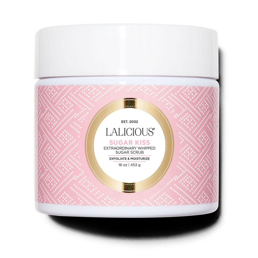 LaLicious Sugar Kiss Scrub packaging shows 16oz jar for radiant skin.