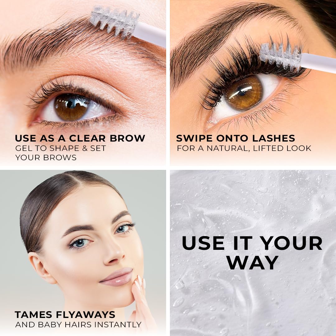 LAMEL clear brow gel on feathered brows showcases natural lift and grooming