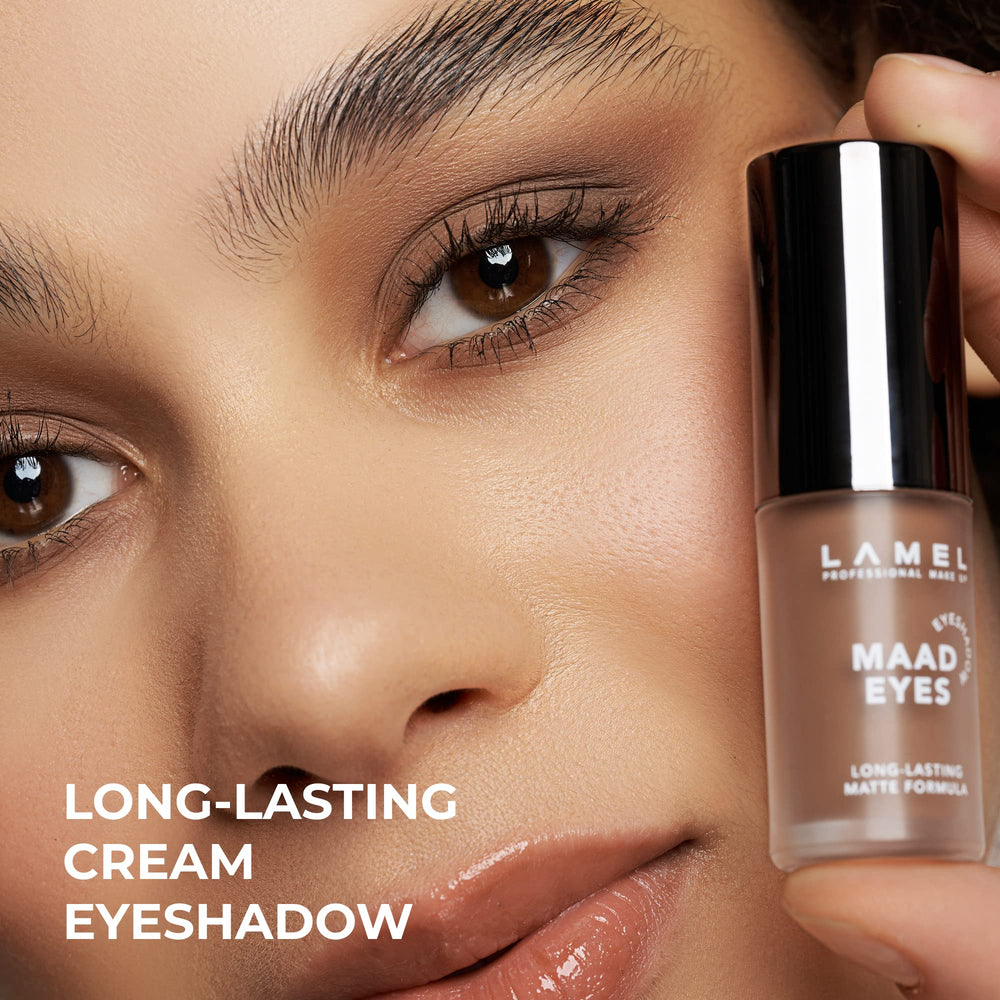 Lamel Matte Liquid Eyeshadow Maad Eyes 401 swatches reveal rich brown matte finish with smooth velvet texture.