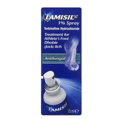 Lamisil 1% spray: frasco compacto para alivio del picor entre dedos.