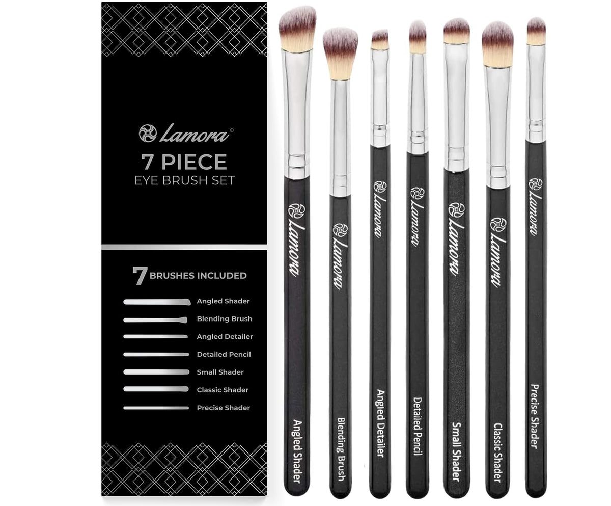 Lamora 7pc eye shadow brush set arranged for precise blending looks.