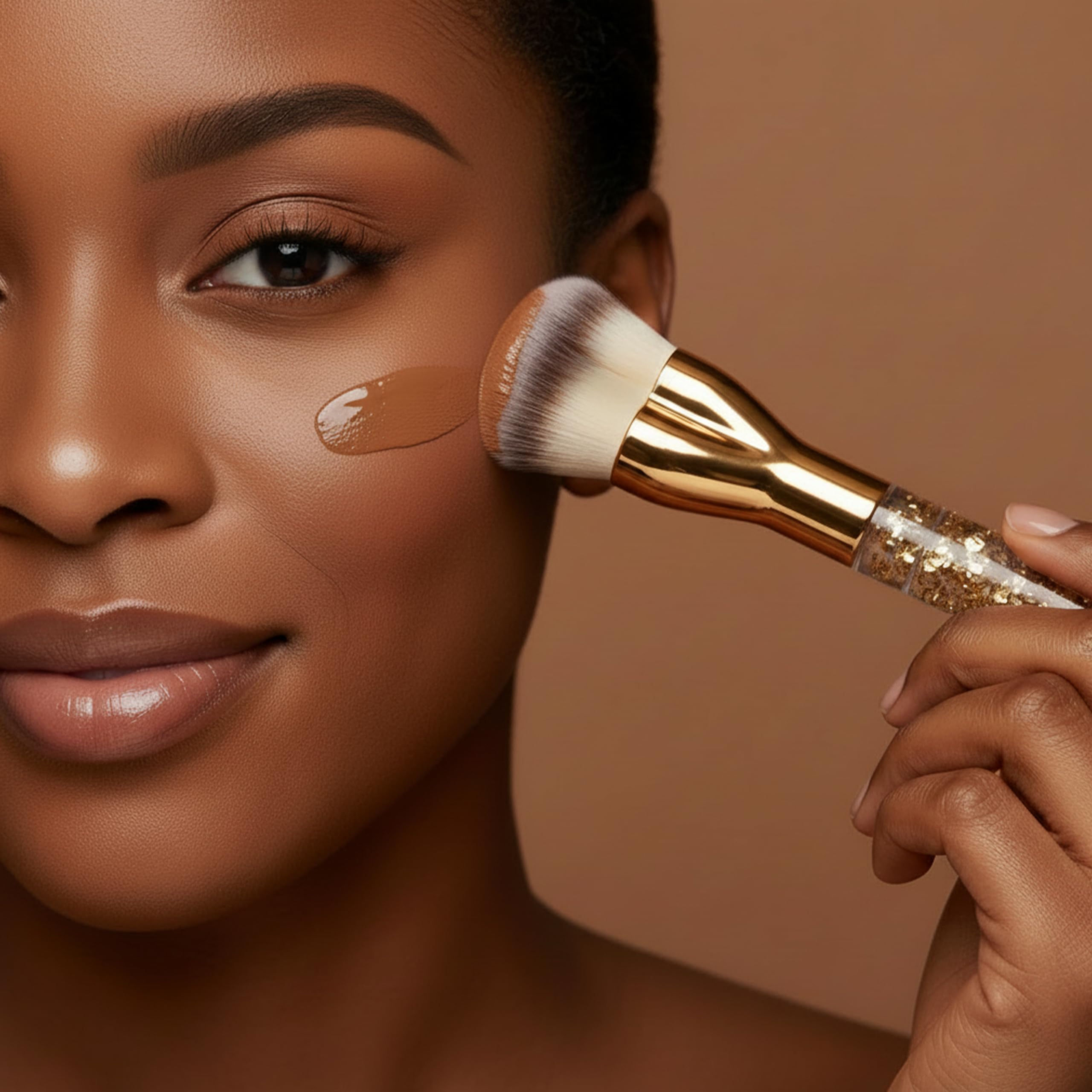 Lamora kabuki-brush-on-face applying makeup with gentle buffs for a natural look.