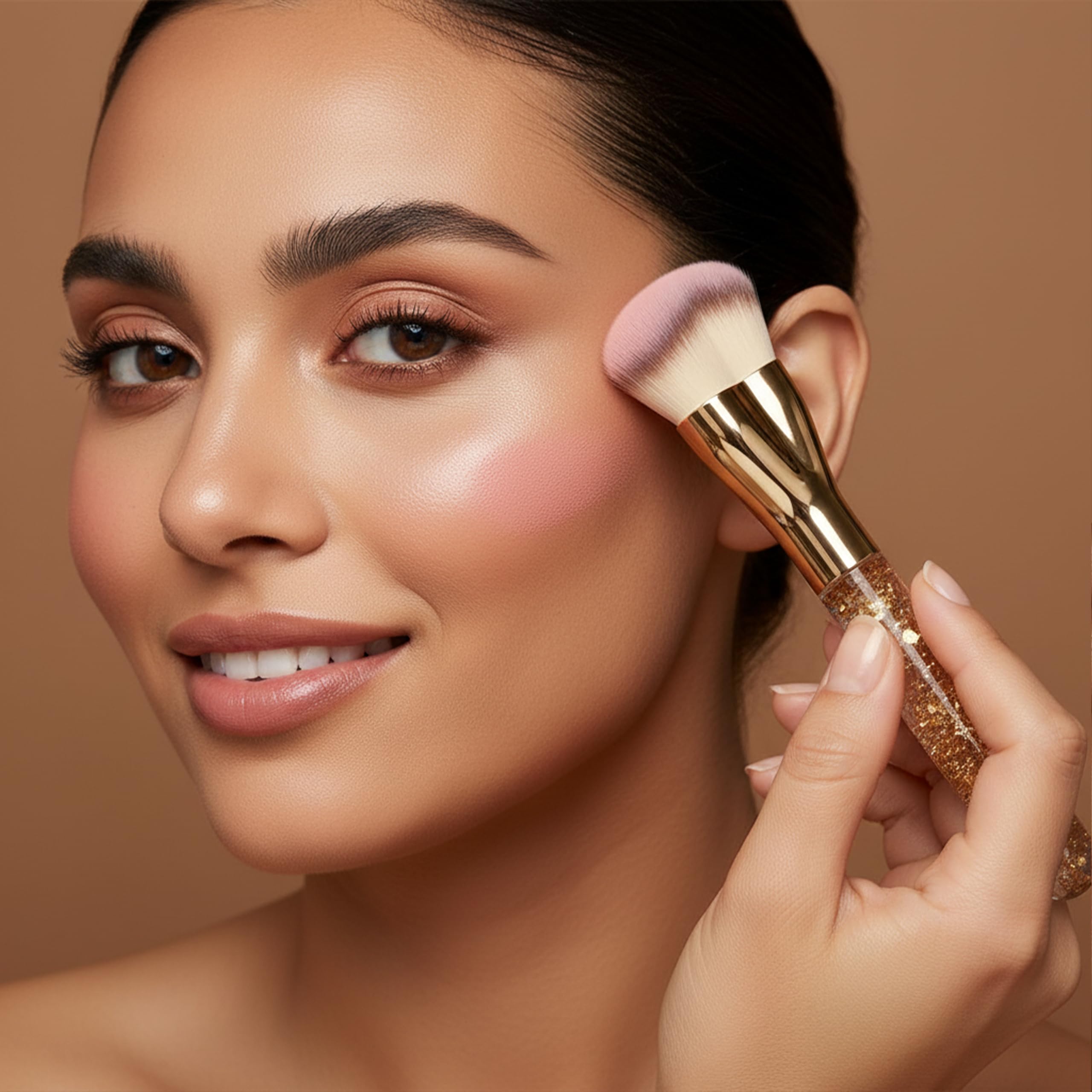 Lamora liquid-foundation-brush ergonomic glitter-handle offers comfortable, controlled blending.