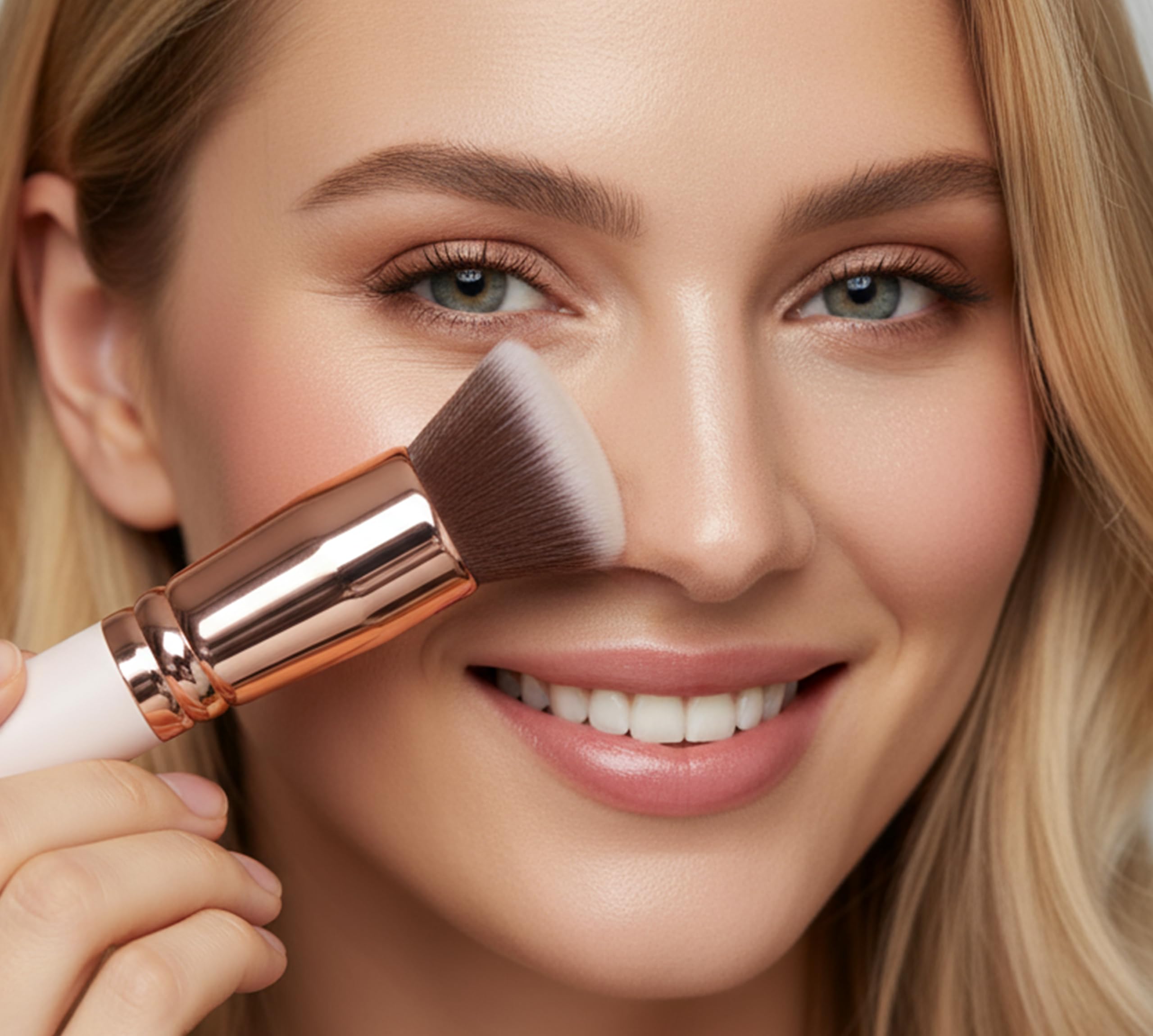 Lamora brush head applying liquid foundation for even skin-tone finish.