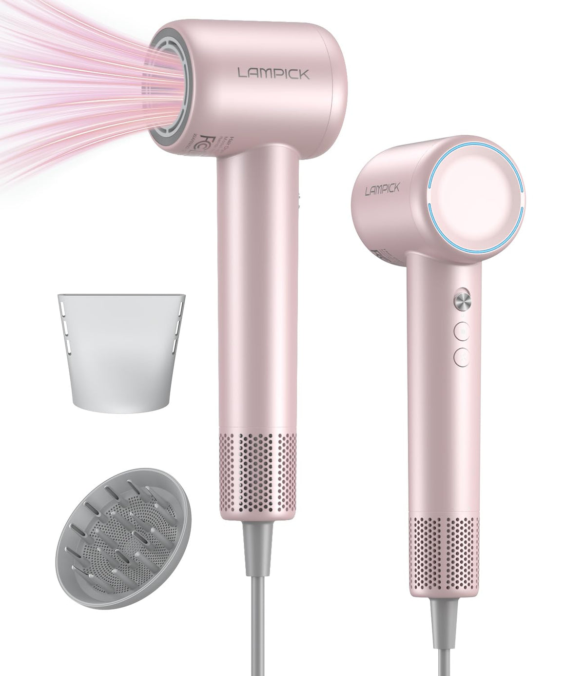 LAMPICK hair dryer close-up showing 150k brushless motor for rapid drying.