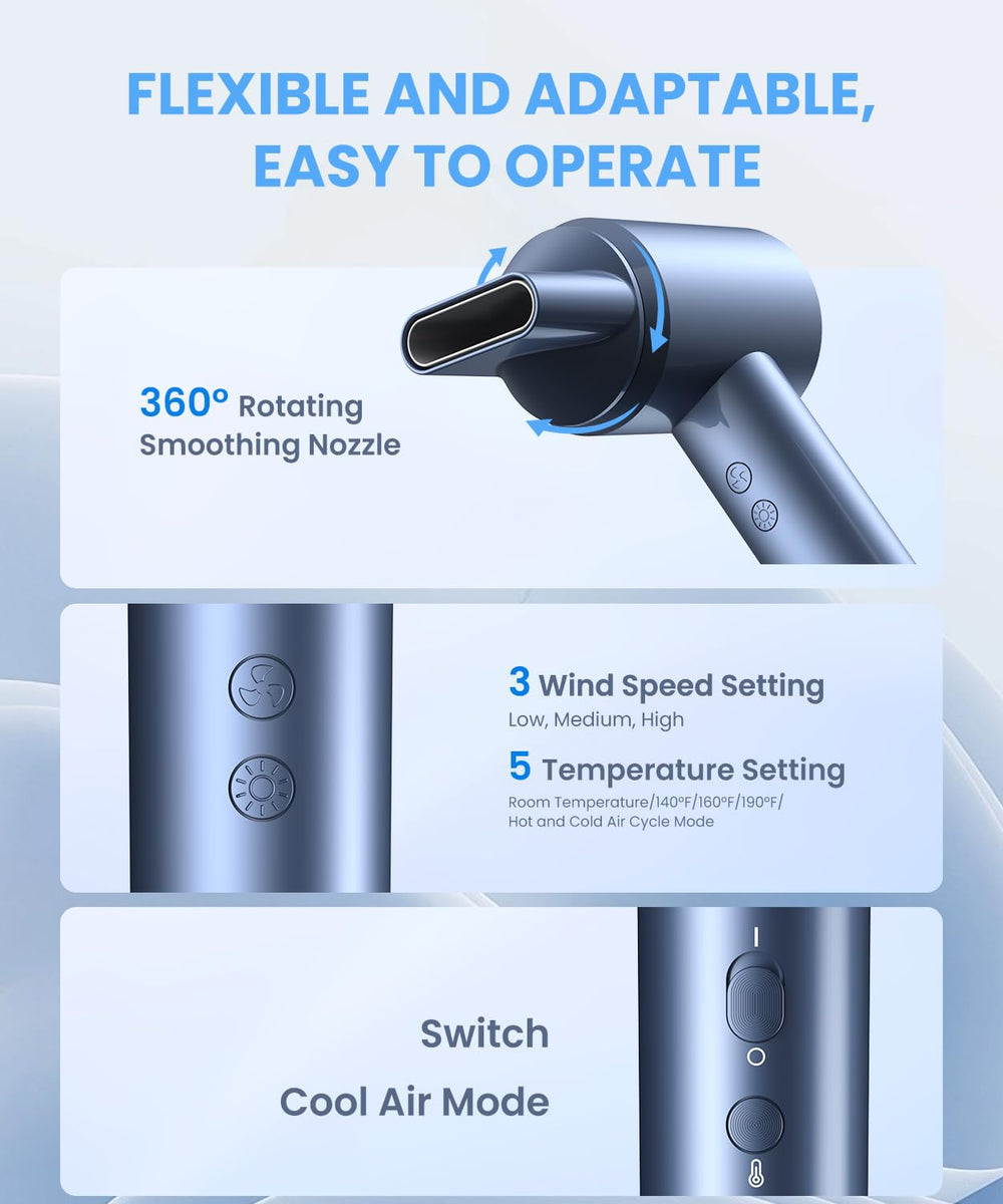 Lampick hair dryer circulates air for consistent drying and cooling.