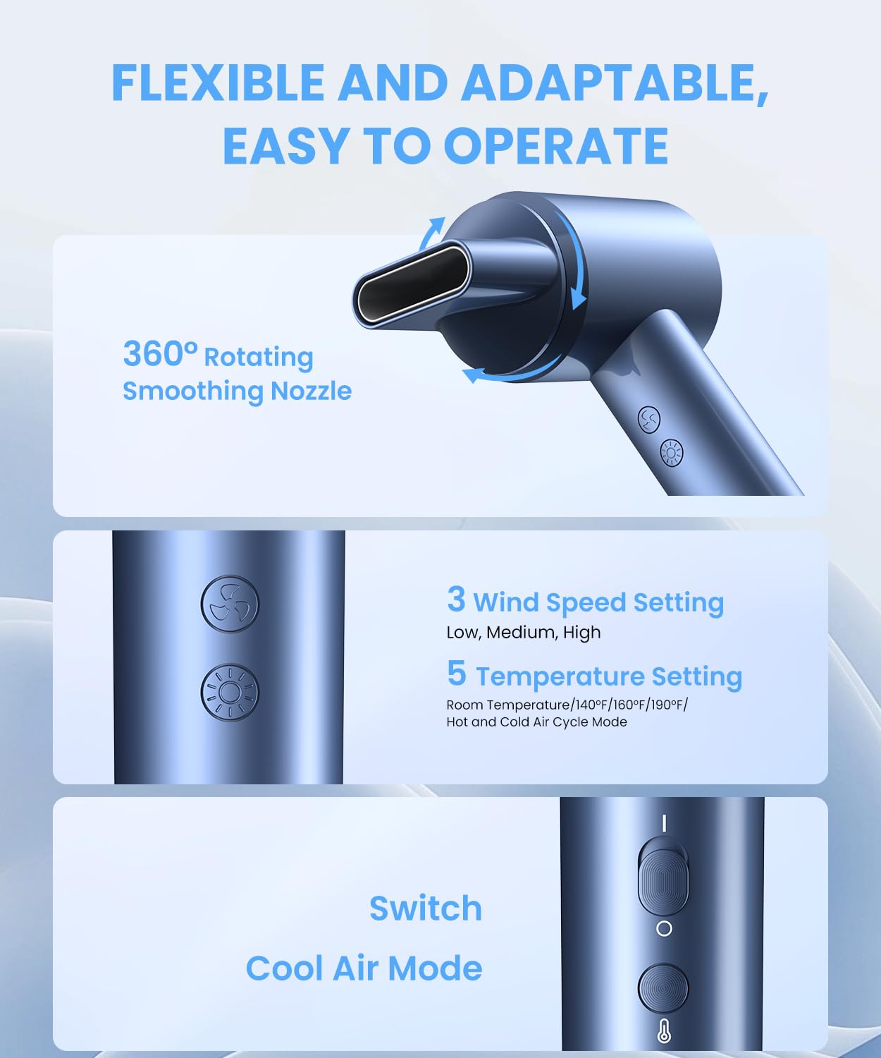 LAMPICK Hair Dryer controls display five temps and three speeds for customization