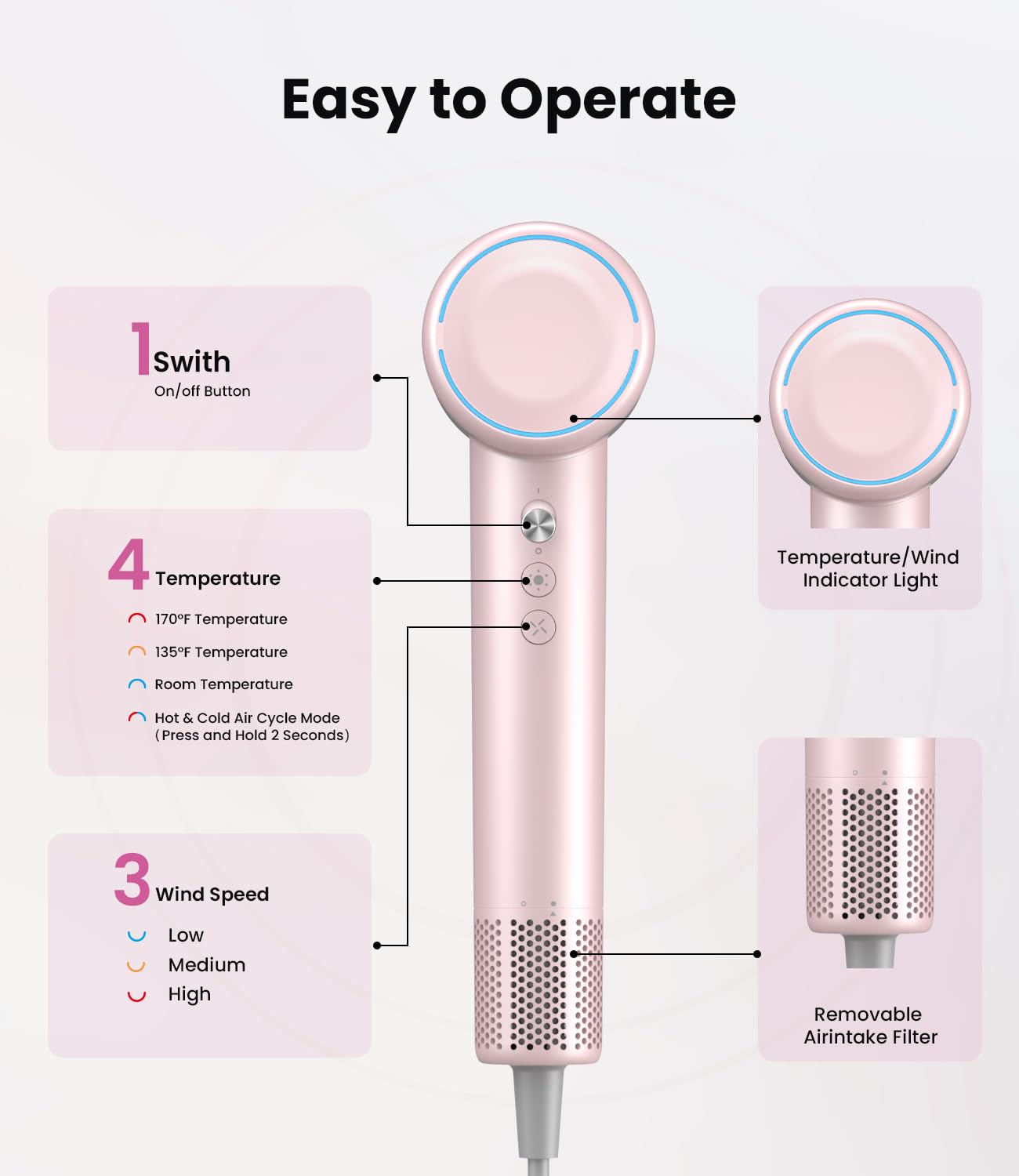 LAMPICK hot & cold air cycle mode enabling curl-friendly styling.