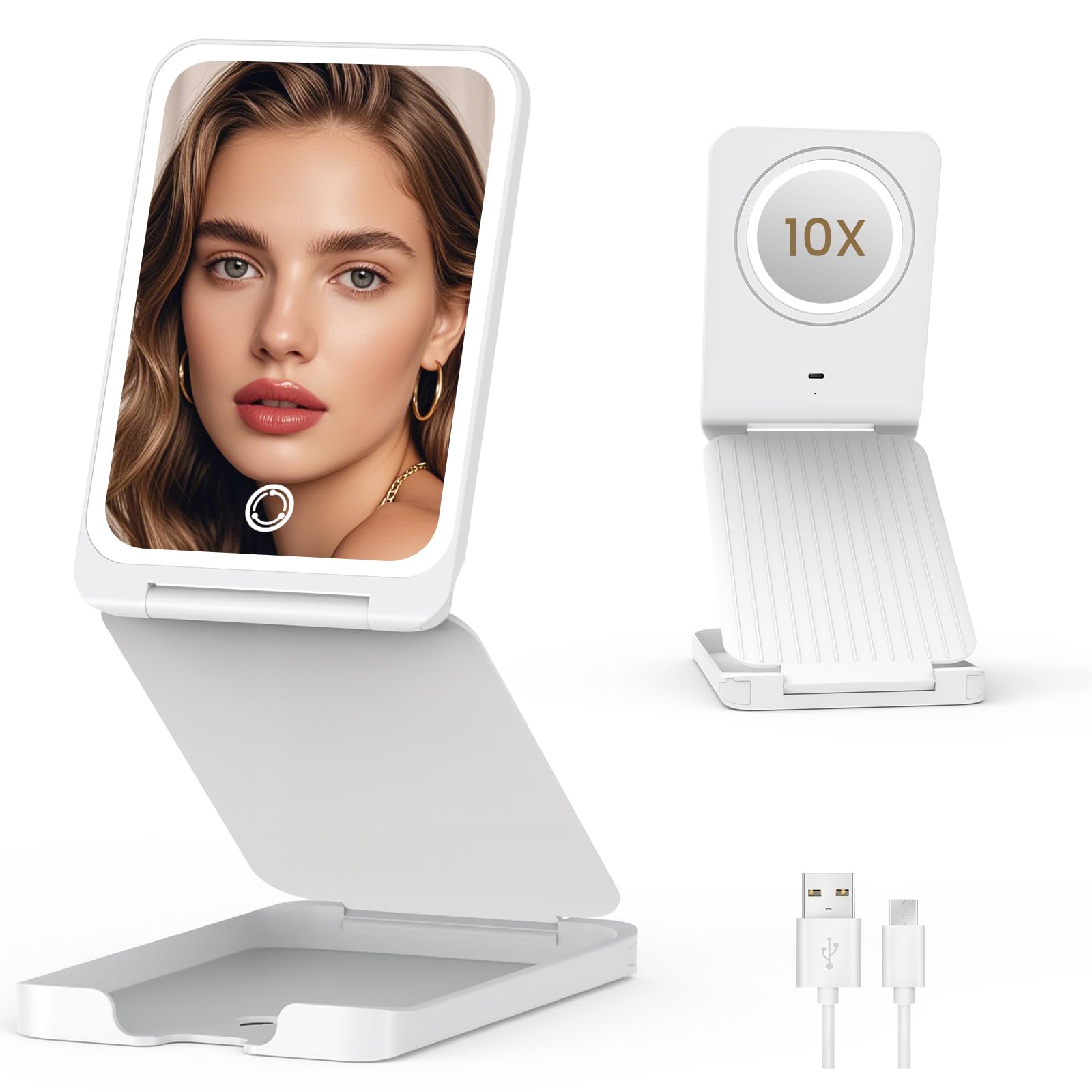 LAMPICK travel makeup mirror front-lit with even LED lighting for makeup.