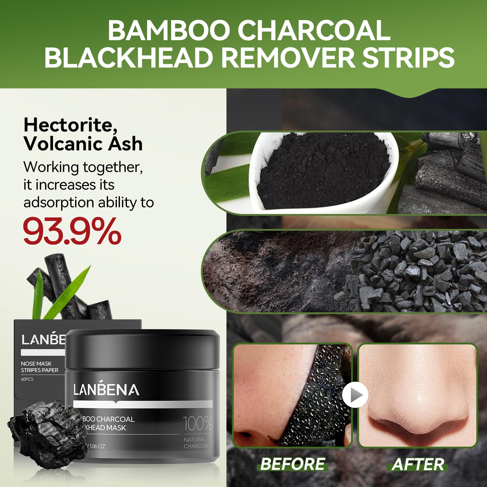 LANBENA bamboo charcoal nose-strip closeup emphasizes thicker liquid for stronger adhesion.