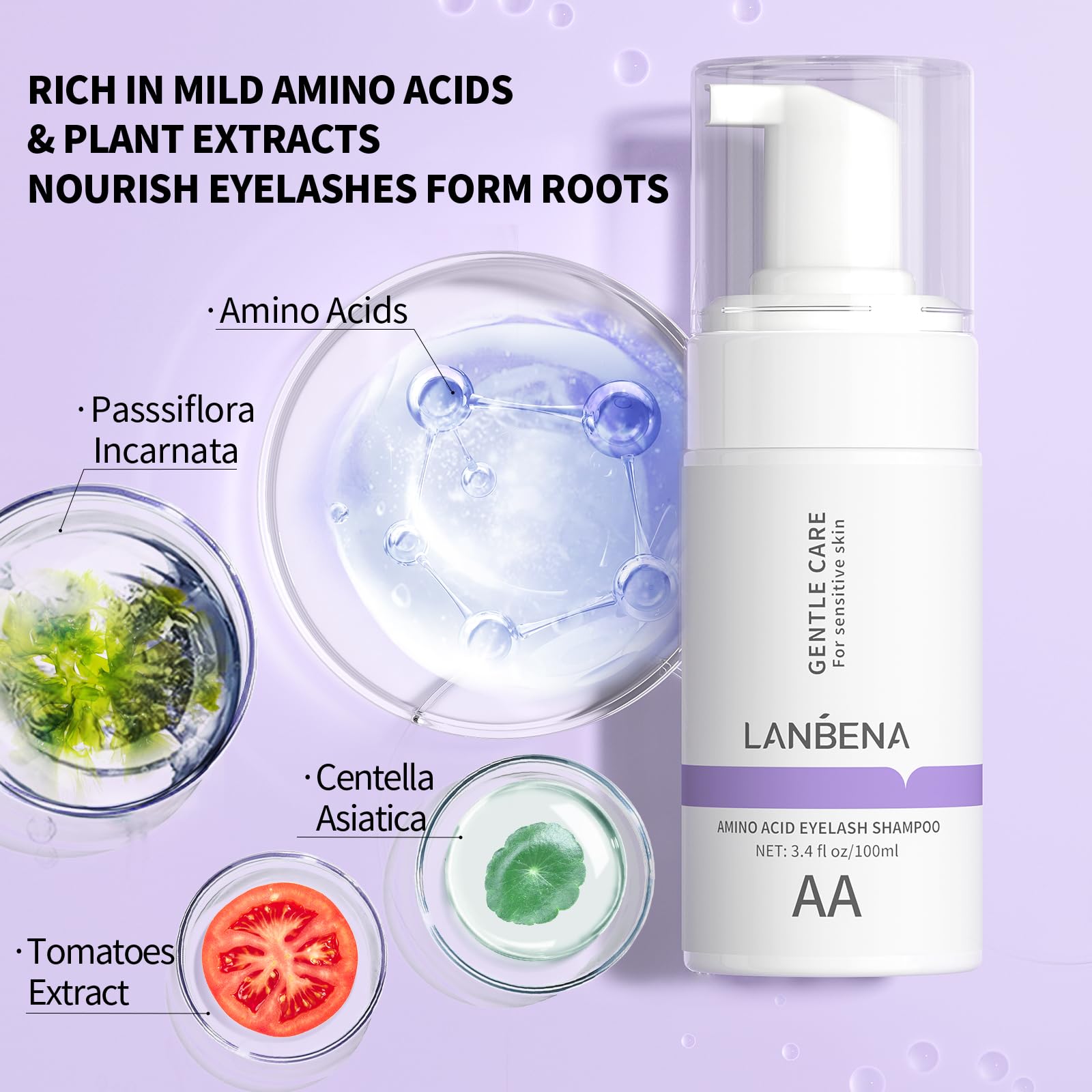 LANBENA foaming lash cleanser texture shown for easy foam application