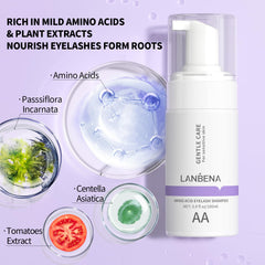 LANBENA foaming lash cleanser texture shown for easy foam application