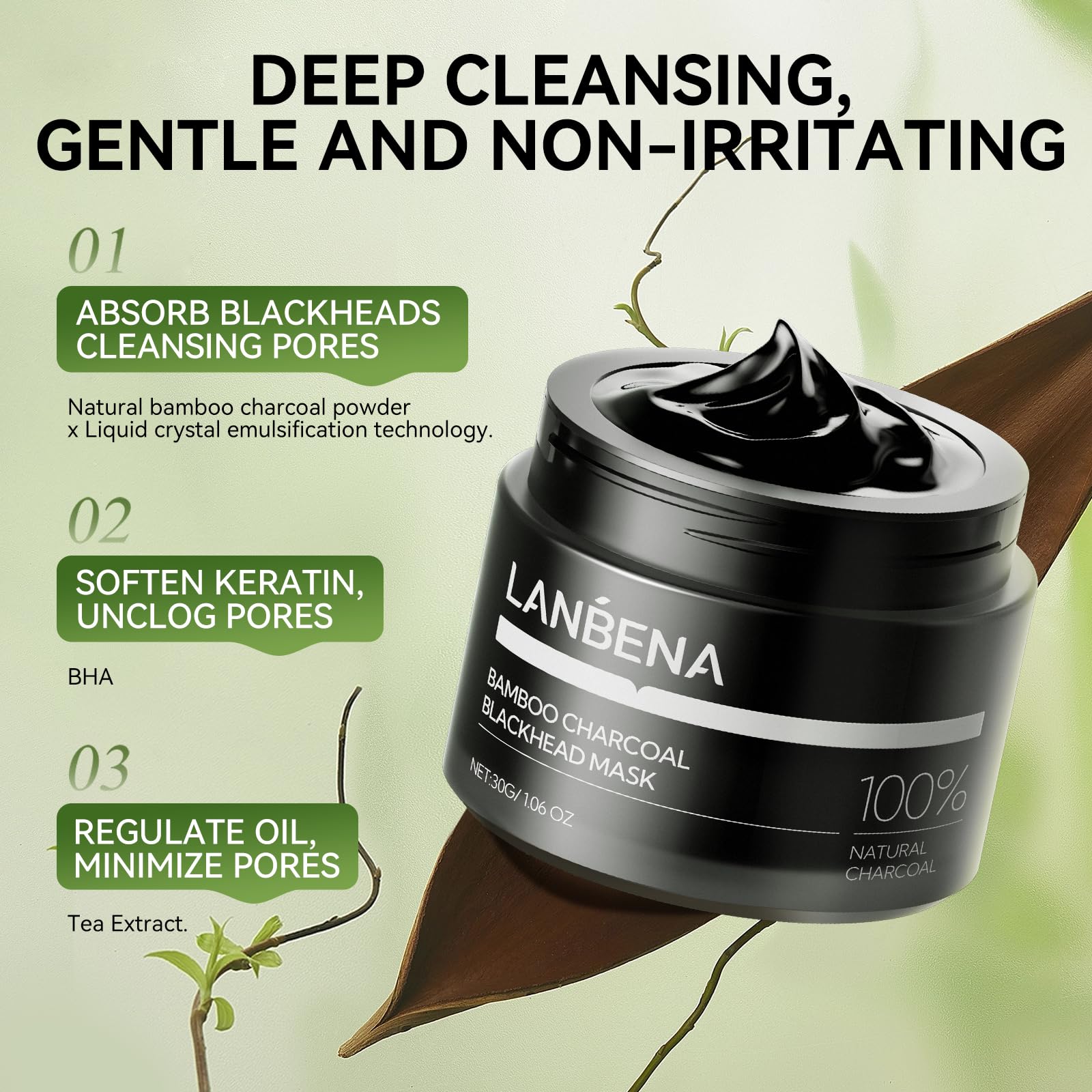 LANBENA pores closeup shows charcoal pulls impurities from deep within pores.