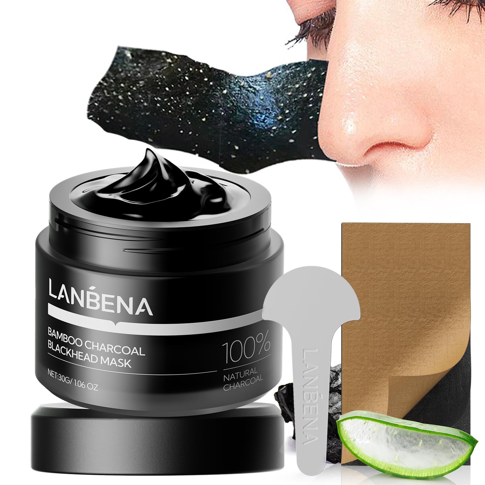 LANBENA Upgraded 2.0 bamboo charcoal blackhead remover mask packaging highlights deep pore cleansing