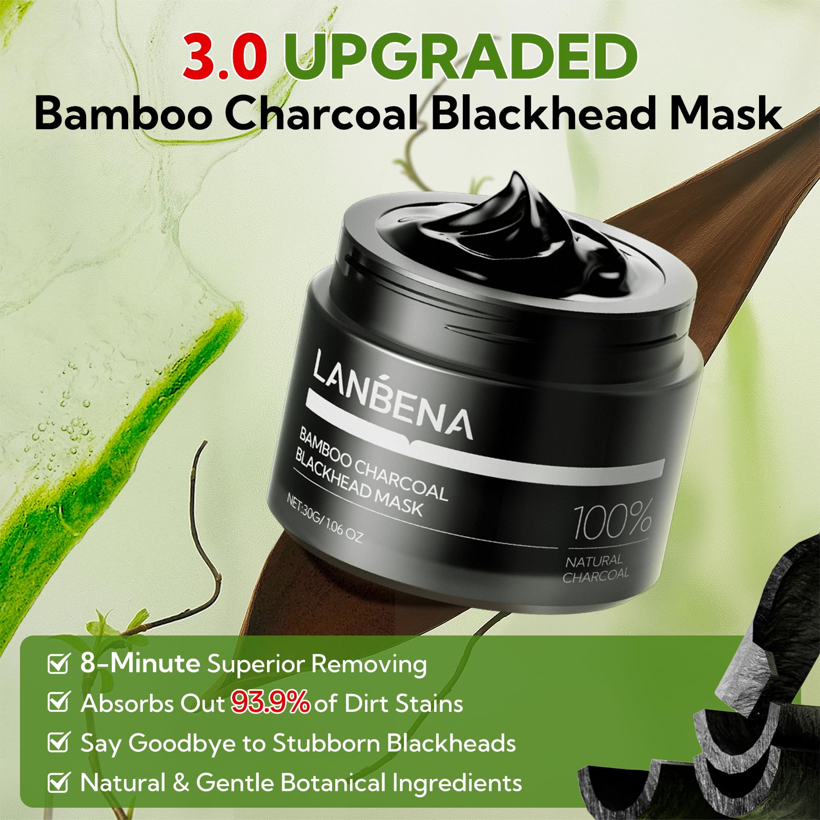LANBENA bamboo charcoal mask liquid texture close-up suggests strong cleansing action