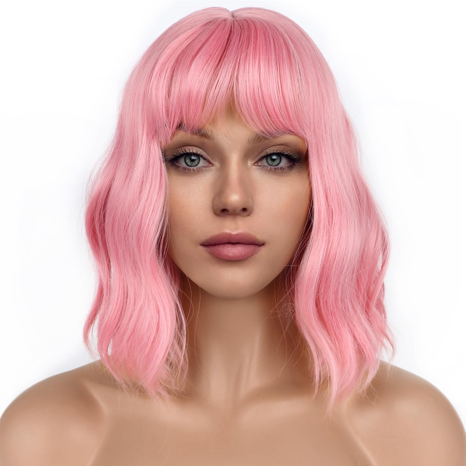 LANCAINI pastel bob wig with bangs pink front view for everyday wear.