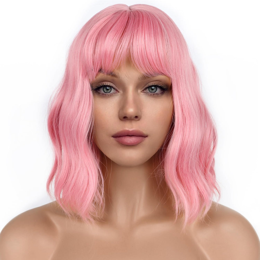 LANCAINI pastel bob wig with bangs pink front view for everyday wear.