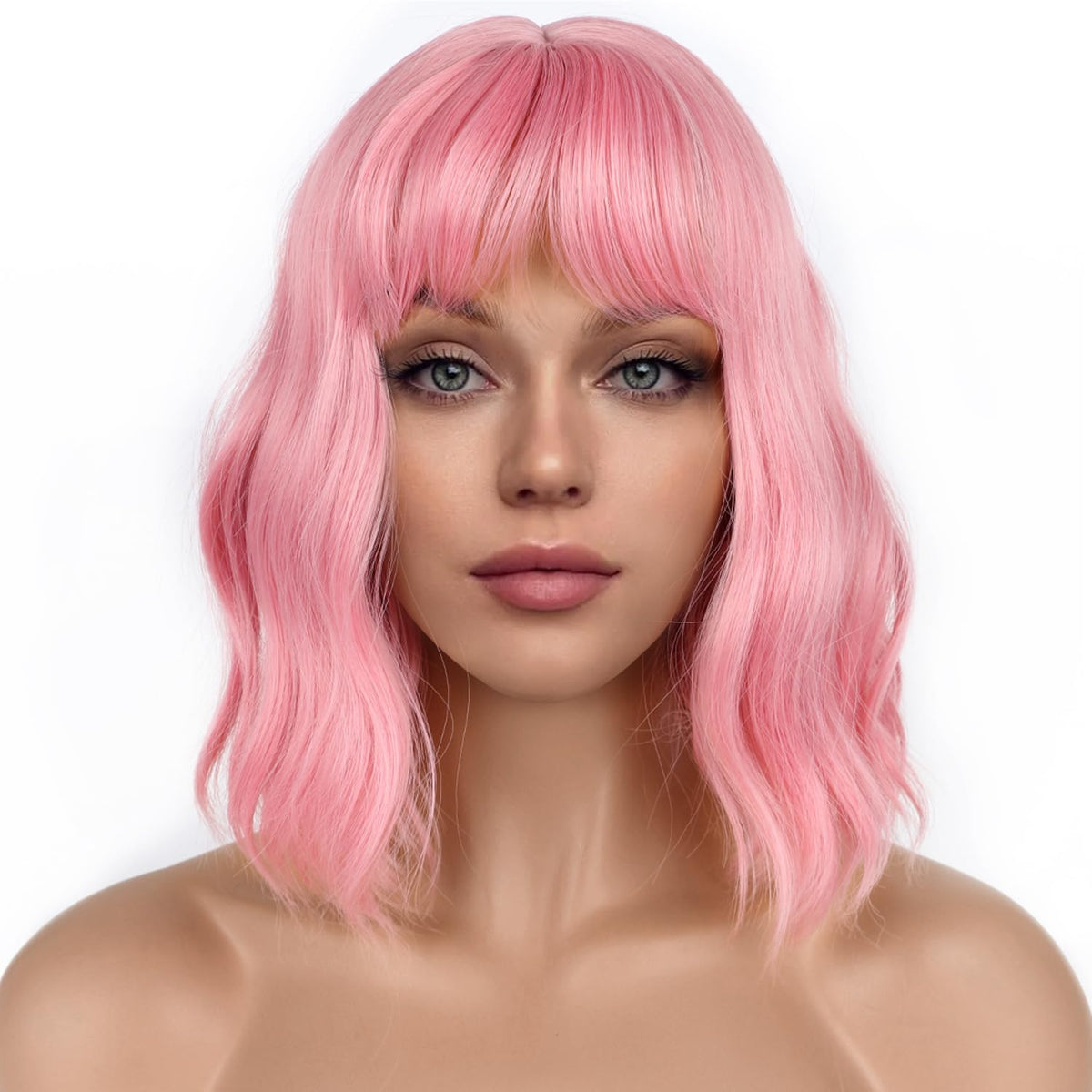 LANCAINI pastel bob wig with bangs pink front view for everyday wear.