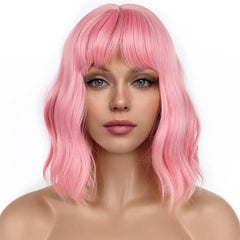 LANCAINI pastel bob wig with bangs pink front view for everyday wear.