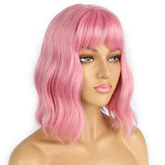 LANCAINI pink wig bangs, easy styling and color pop.
