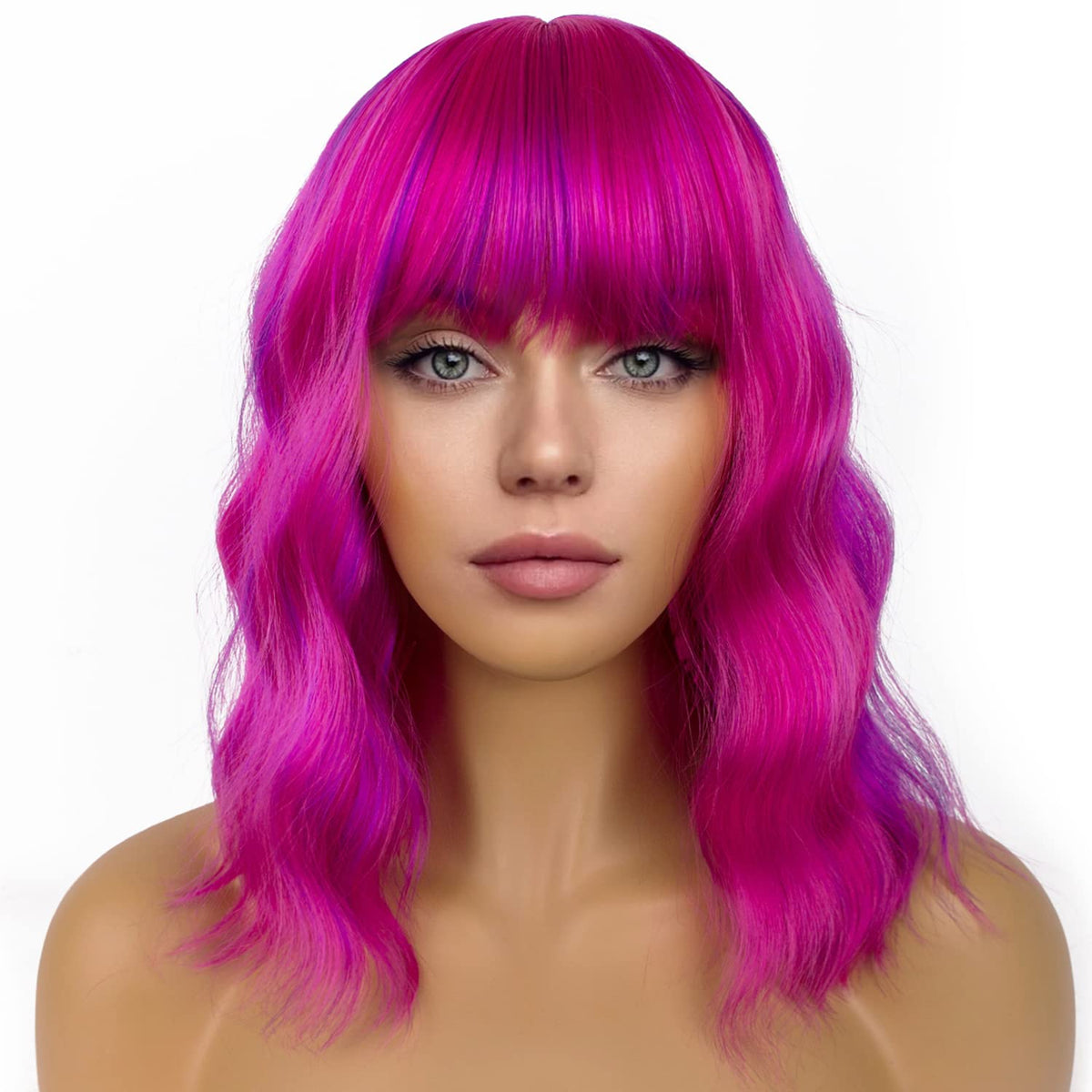 LANCAINI short bob wig with bangs in rose purple, front view, natural-looking volume.