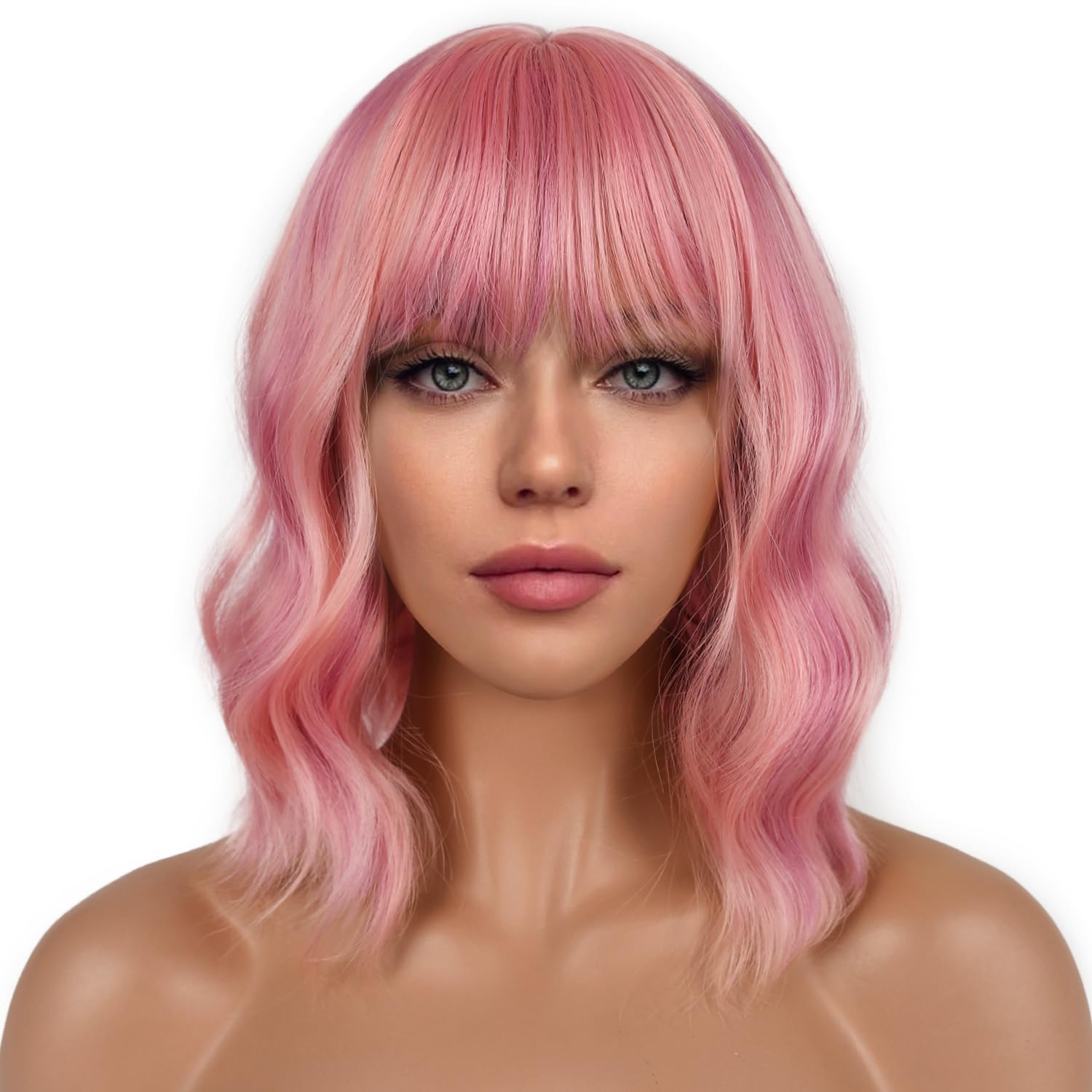 LANCAINI short bob wig with bangs pink front view for natural volume and cosplay versatility