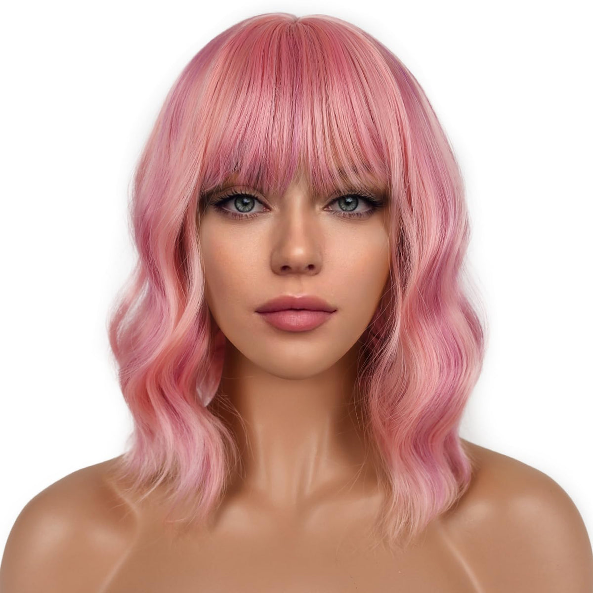 LANCAINI short bob wig with bangs pink front view for natural volume and cosplay versatility