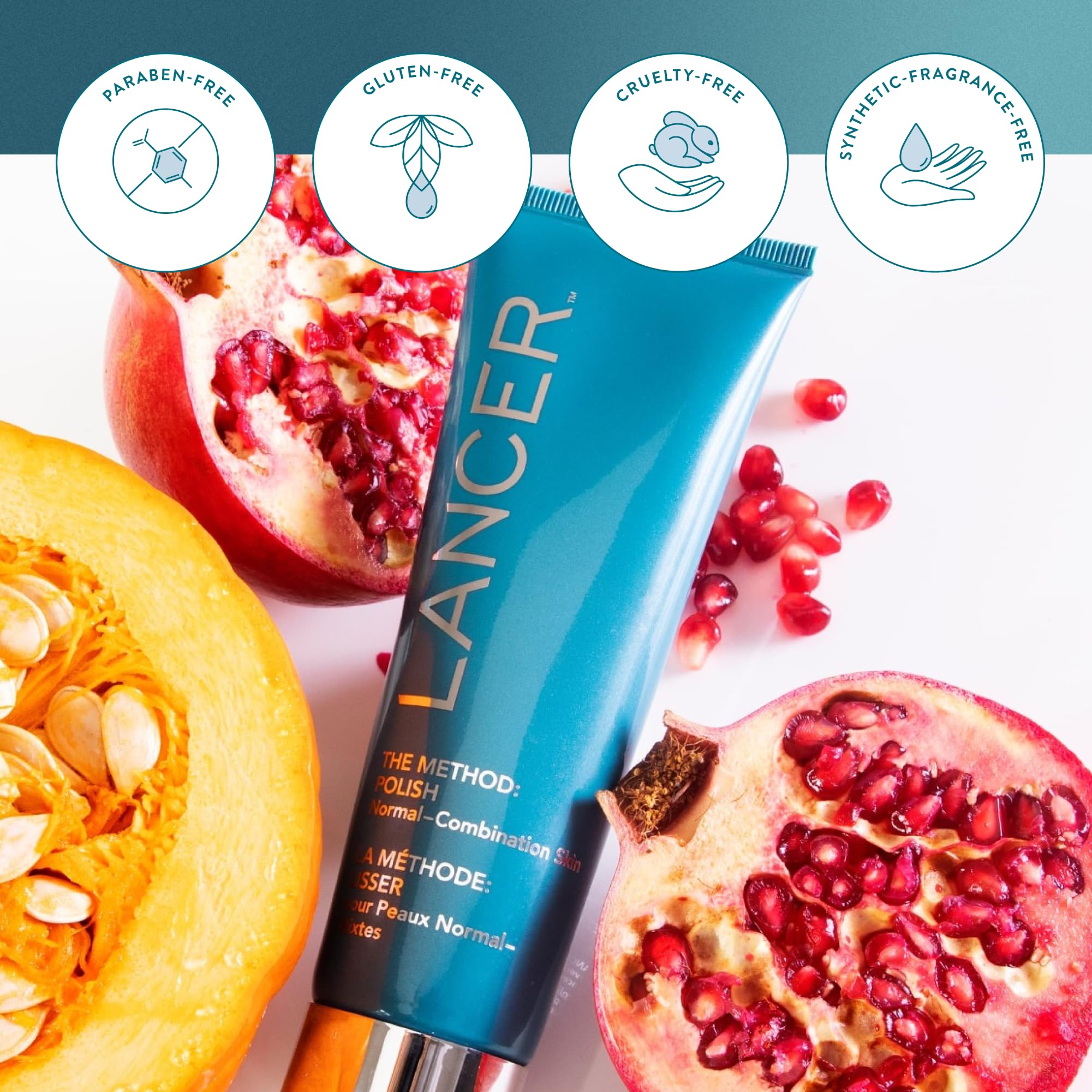 Lancer Polish Exfoliator applied to face neck décolleté during routine