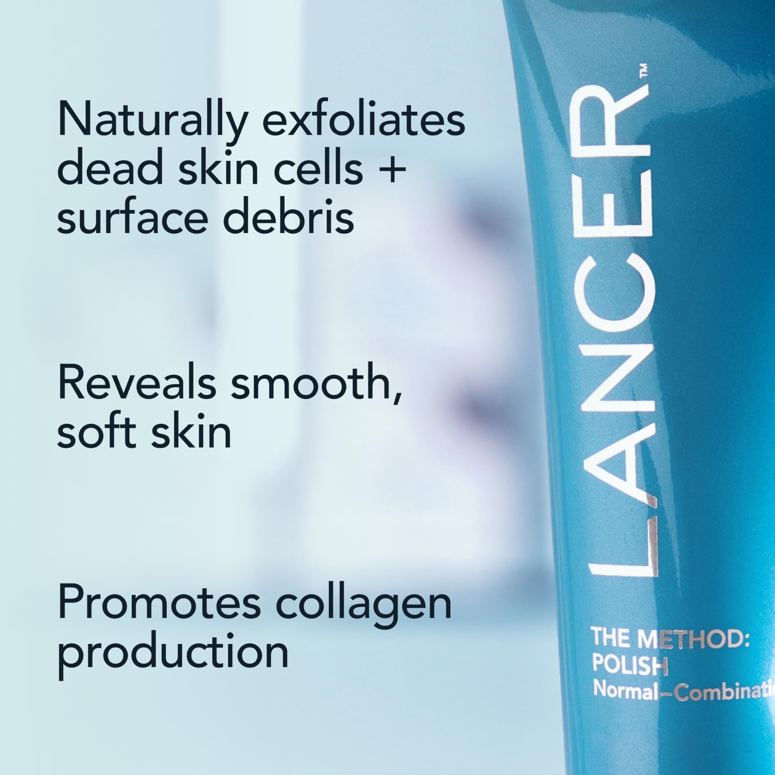 Lancer The Method Polish on damp skin showing mineral-based exfoliation for even texture.