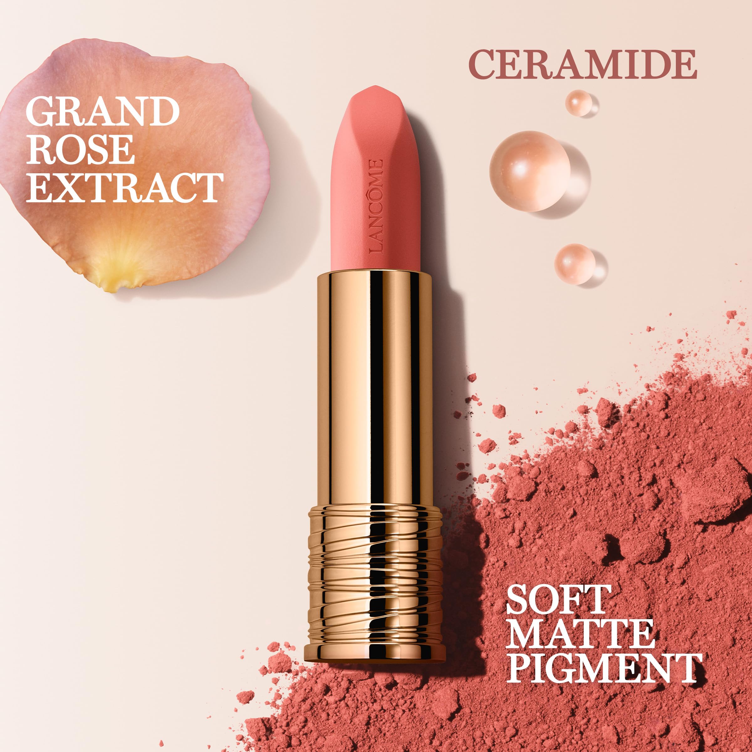 Lancôme L'Absolu Rouge Intimatte Hush Hush soft-matte swatch demonstrating buildable color for day-to-night looks.