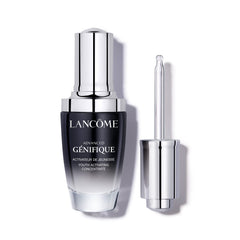 Lancôme Advanced Génifique serum pump close-up showing hydration-boosting formula for radiant skin