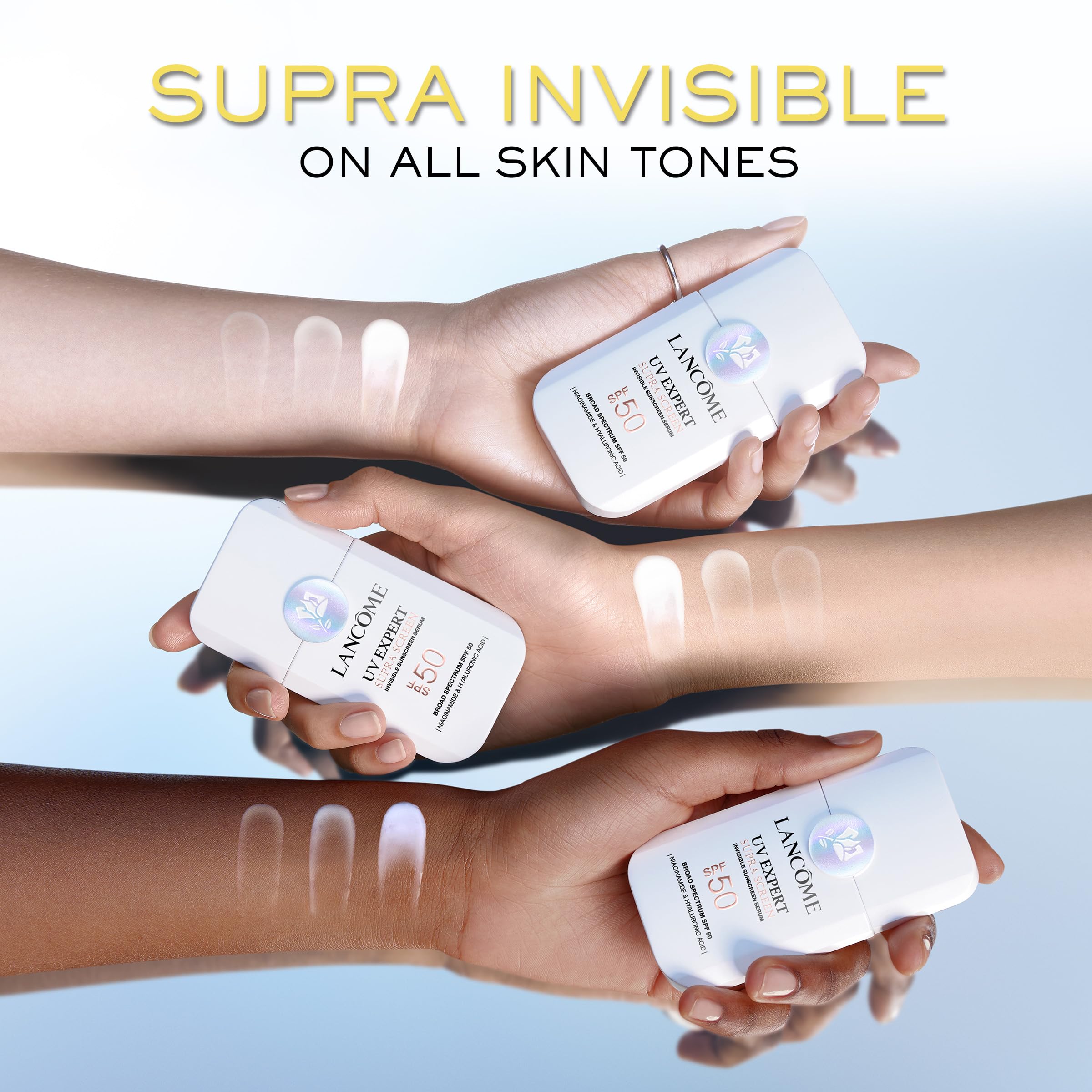 Lancôme Supra Screen label highlights suitability for all skin types.