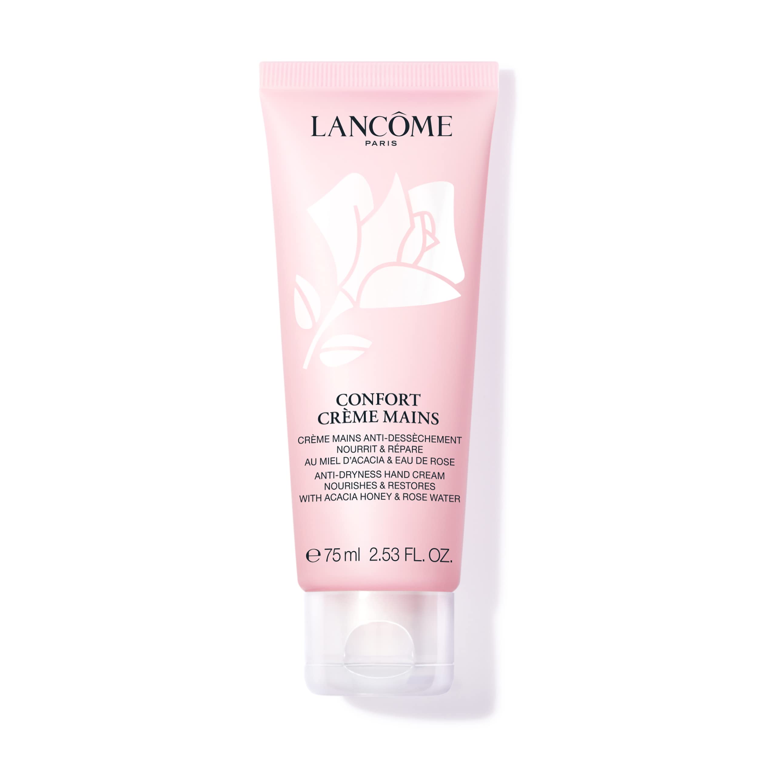 Lancome Confort Hand Cream jar close-up showing rich texture for deep moisturizing.