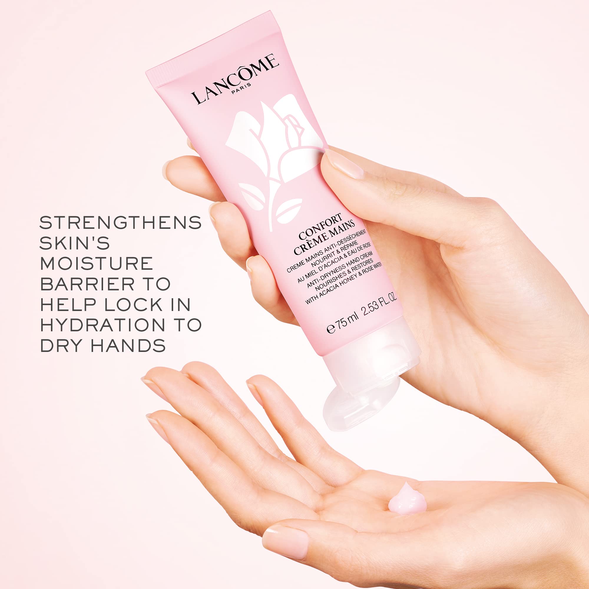 Lancome Confort Hand Cream being applied for fast-absorbing hydration.