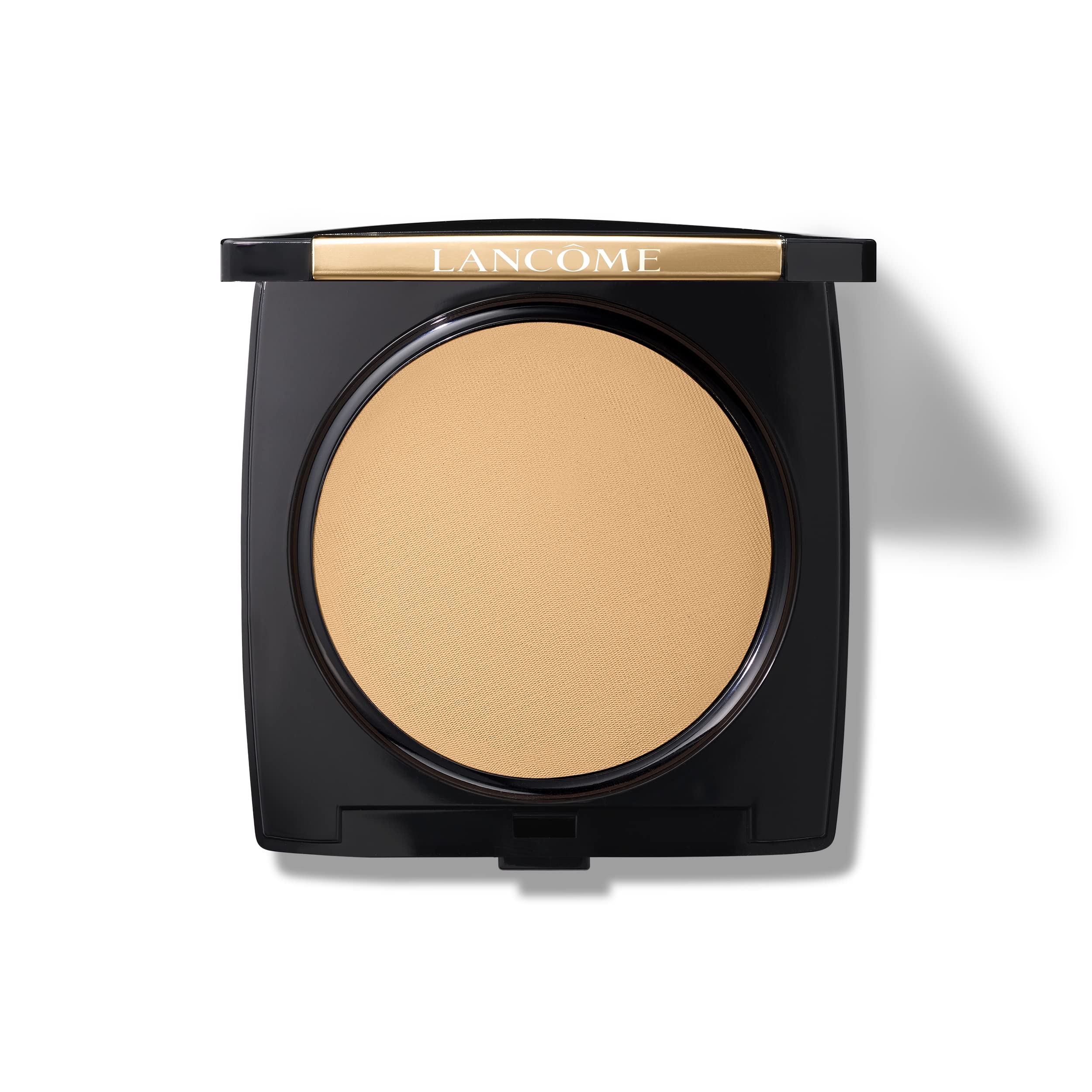 Lancôme Dual Finish powder bottle close-up highlights natural matte look.