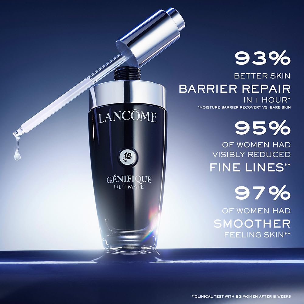 Lancôme Génifique Ultimate Dual Recovery serum dispense/application shot highlighting quick-absorb formula.