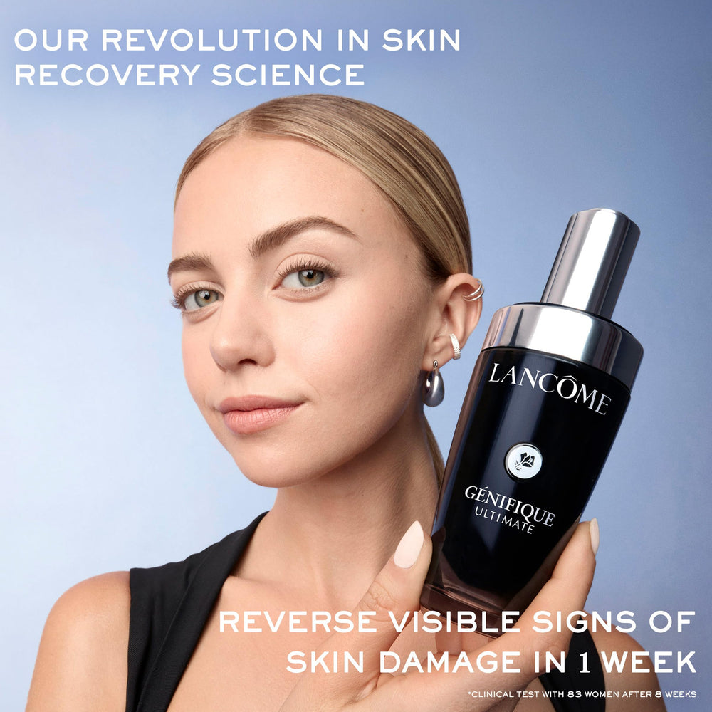 Lancôme Genifique Ultimate serum drop close-up, highlighting hydration for smoother texture.