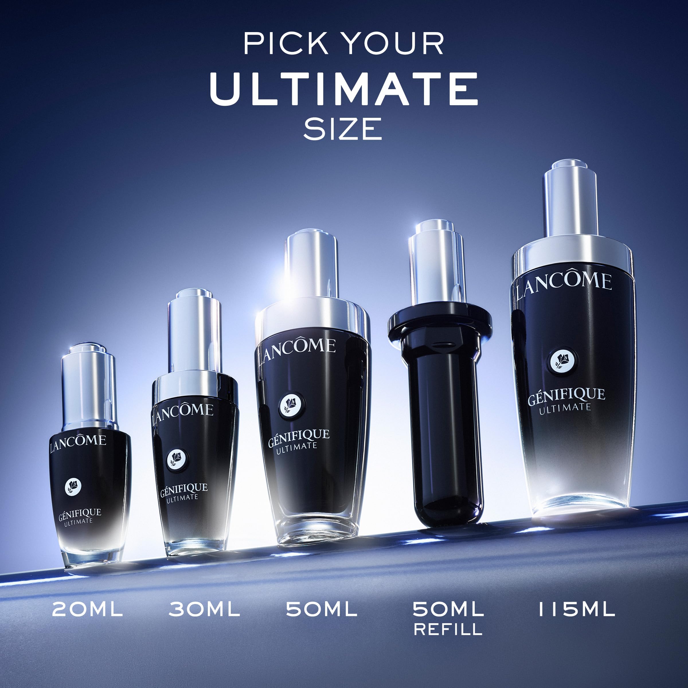 Lancôme Genifique Ultimate packaging sleeve and bottle on minimalist vanity.