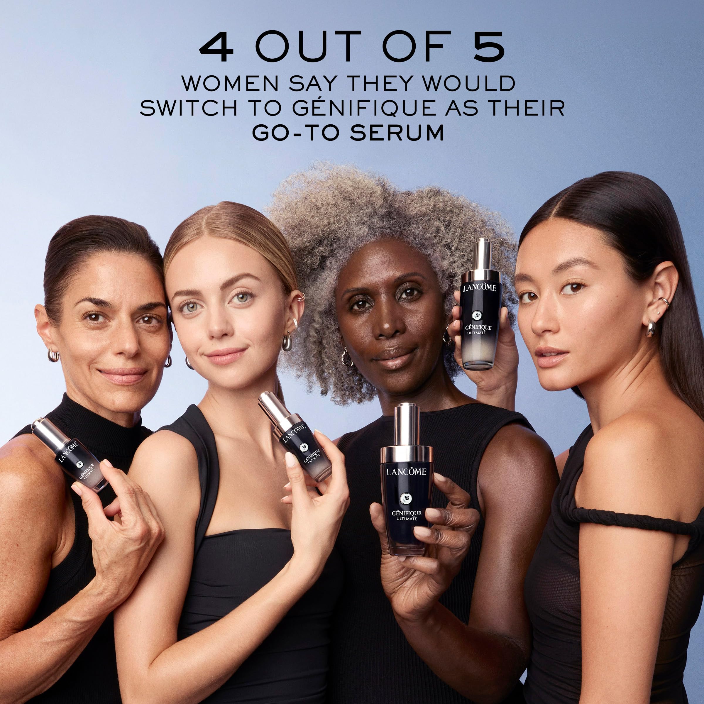 Lancôme Genifique Ultimate Dual Recovery serum pump release on clean skin.