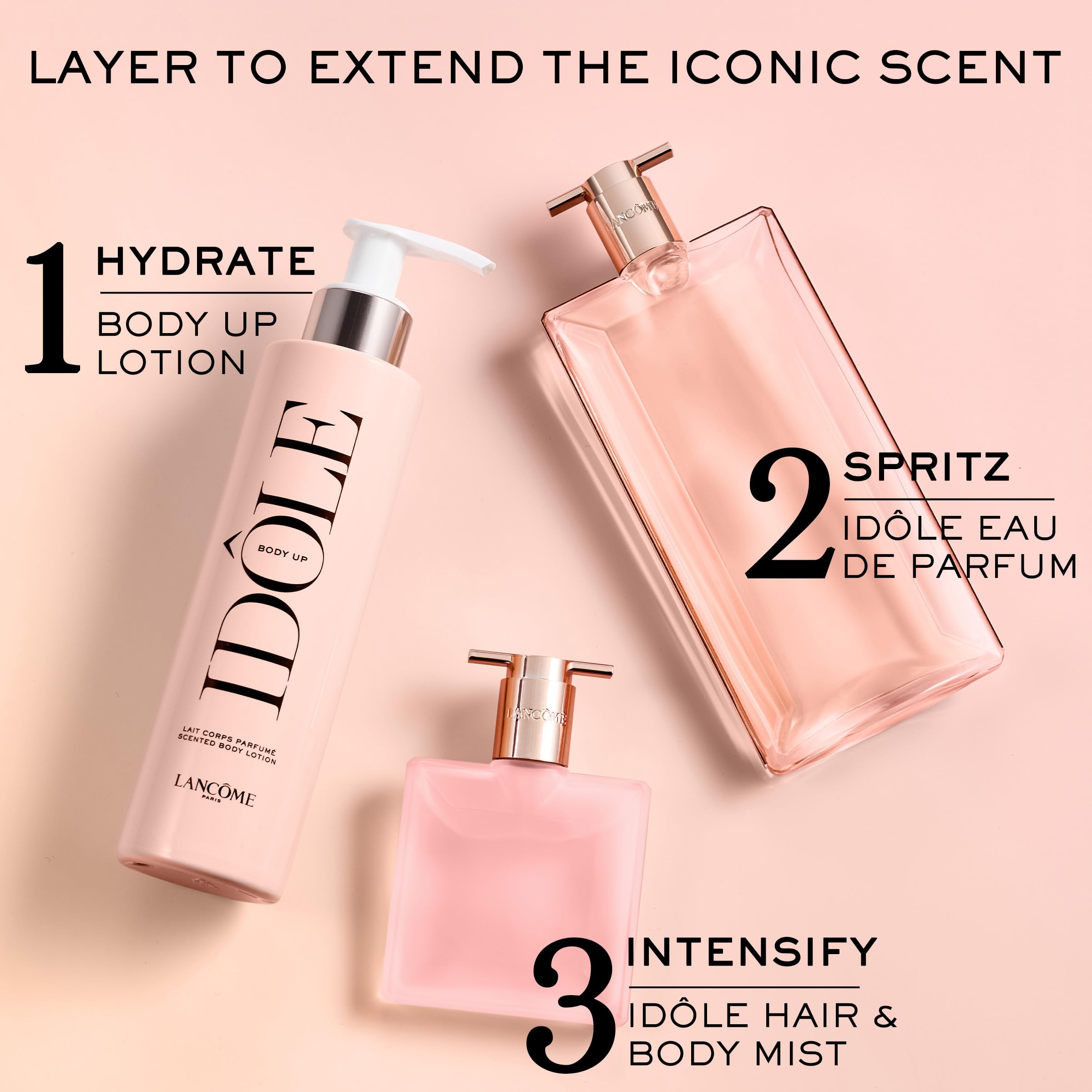 Lancôme Idôle Body Up bottle on surface signals a clean, luxurious ritual.