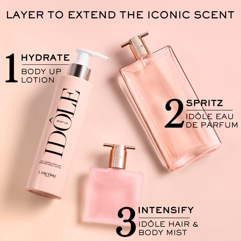 Lancôme Idôle Body Up bottle on surface signals a clean, luxurious ritual.