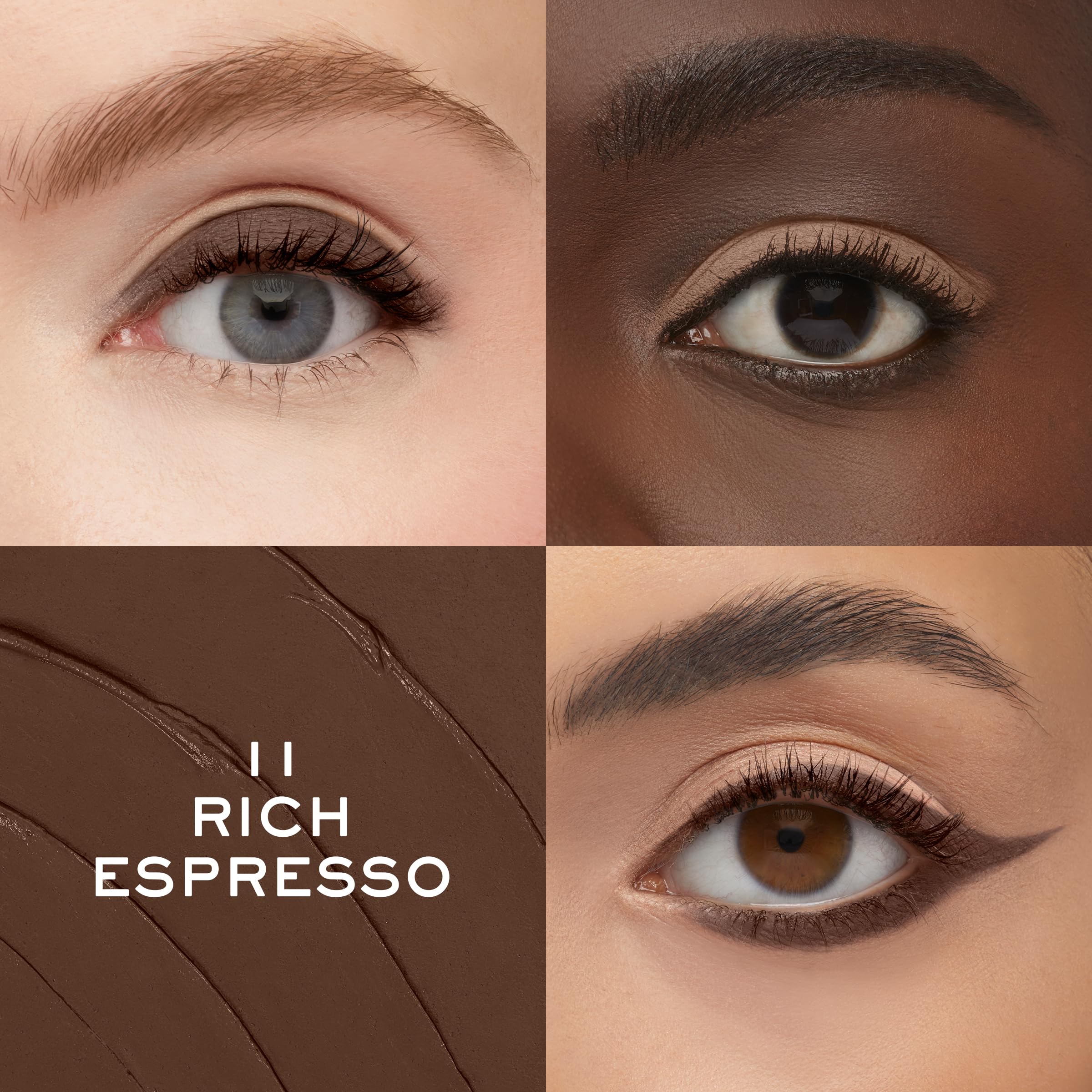 Lancôme Idôle Tint espresso shimmer swatches highlighting light reflection.