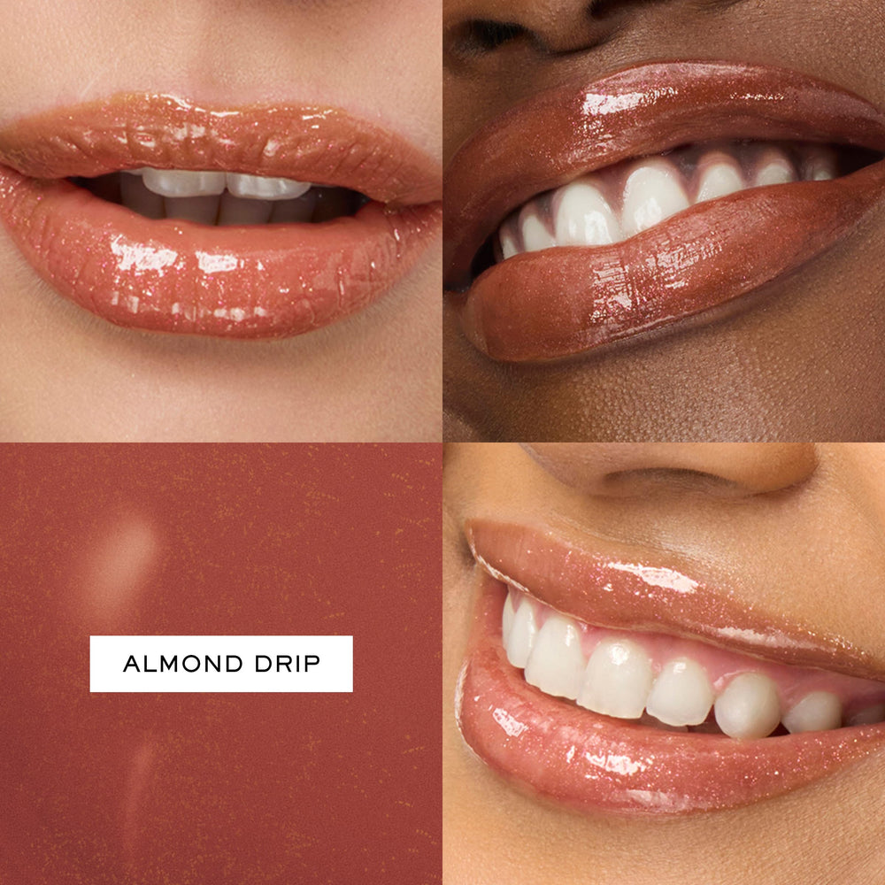 Lancôme Juicy Tubes Almond Drip gloss close-up shows intense wet shine