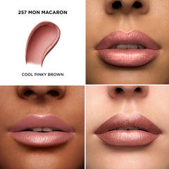 Lancôme L'Absolu Rouge Mon Macaron application swatch demonstrates smooth glide and vibrant payoff.