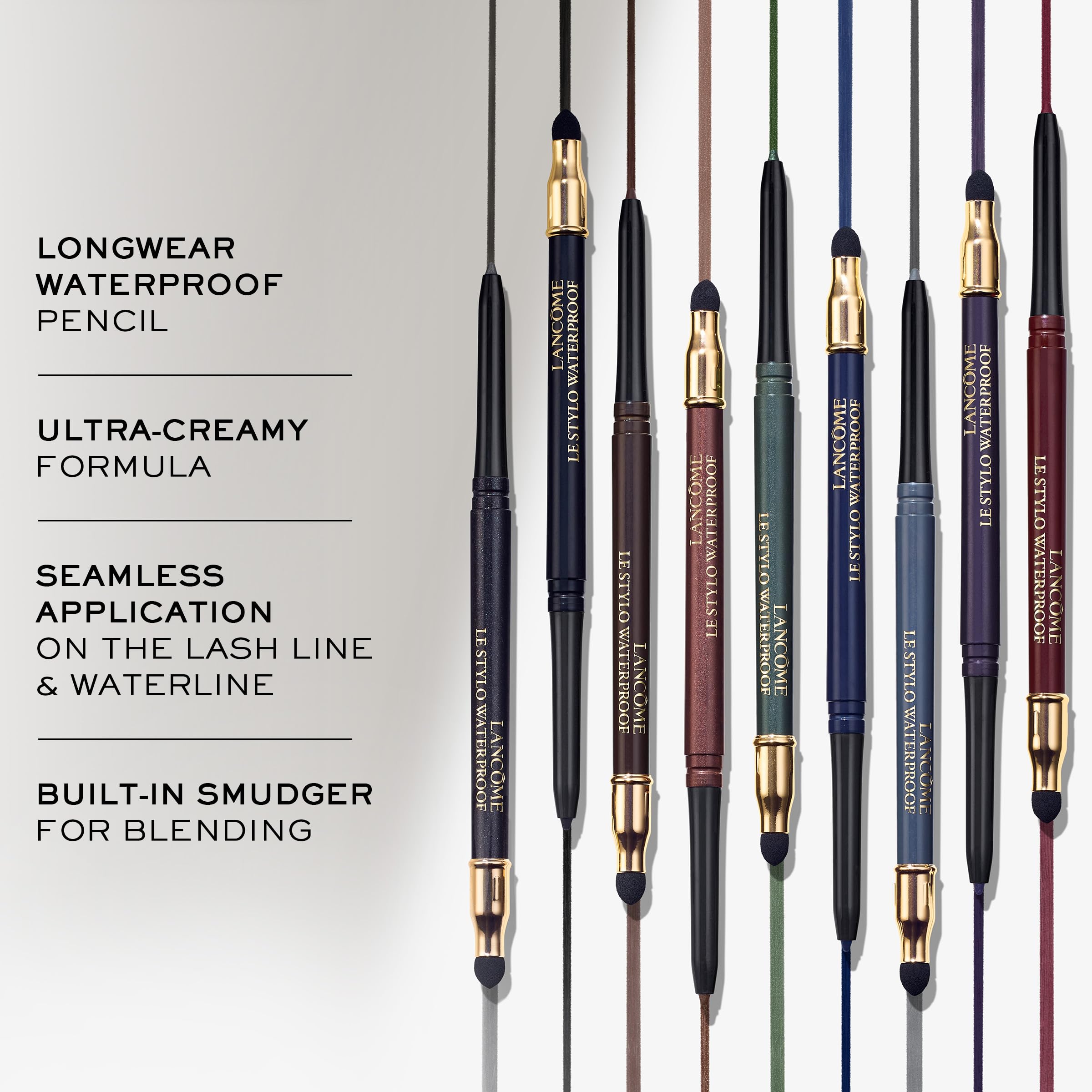 Lancôme Le Stylo Waterproof Eyeliner 02 Noir Intense swatches show rich pigment and smooth texture.
