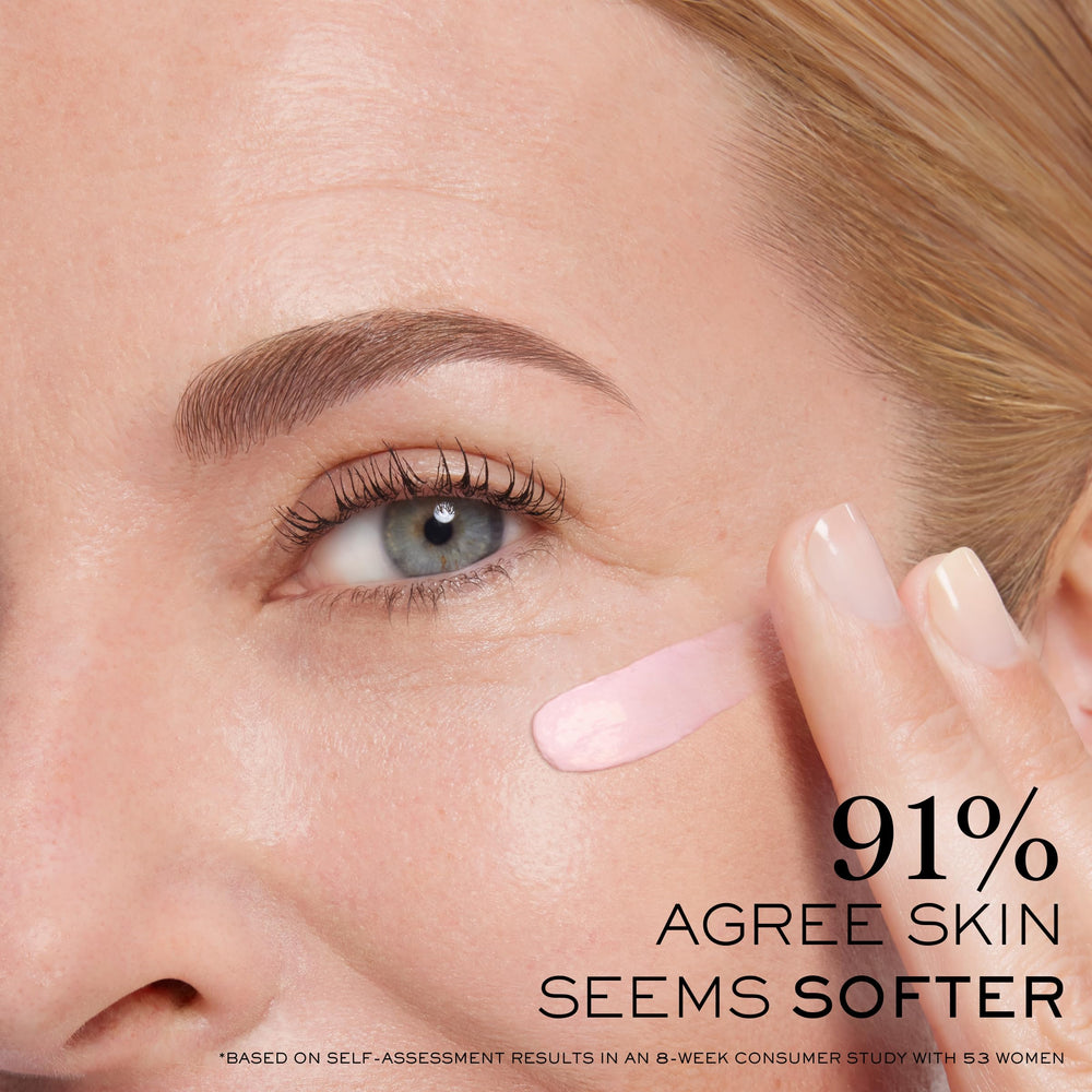 Lancôme Rénergie eye cream application dots demonstrating gentle patting method.
