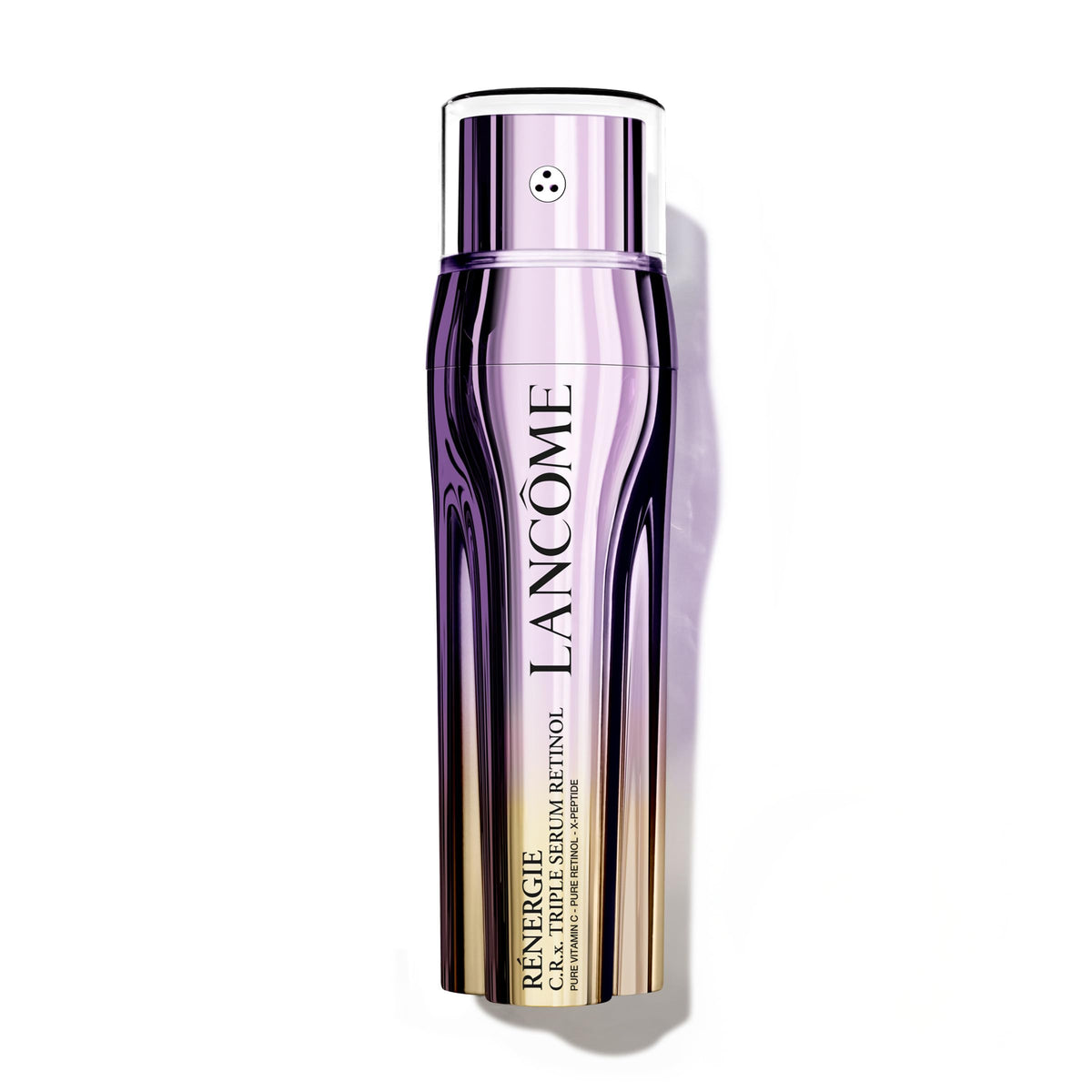 Lancôme Rénergie CRx triple serum bottle close-up for anti-aging care and renewed skin texture.